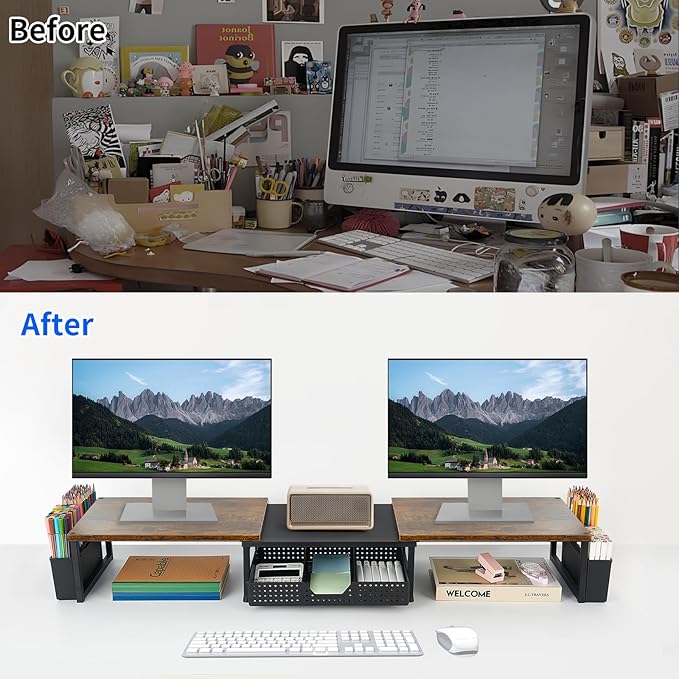 Desk Dual Monitor Stand Riser - Desk Organizer with Drawer and Pen Holders, Office Desk Accessories & Workspace Organization, Computer Monitor Stand for Laptop, Printer, TV, Office Decor, Wood-DeskLoop Office