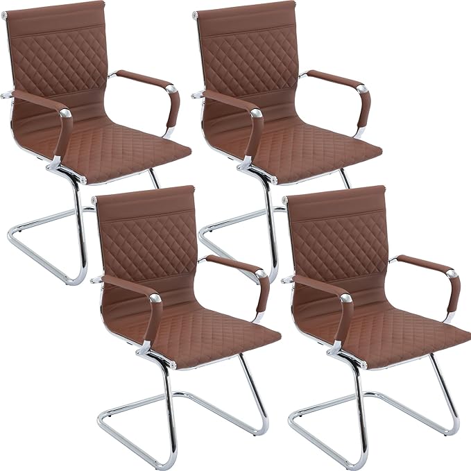 Office Guest Reception Chairs Set of 4 - Modern PU Leather Conference Room Chair With Mid Back for Waiting Room, Desk - Coffee-DeskLoop Office