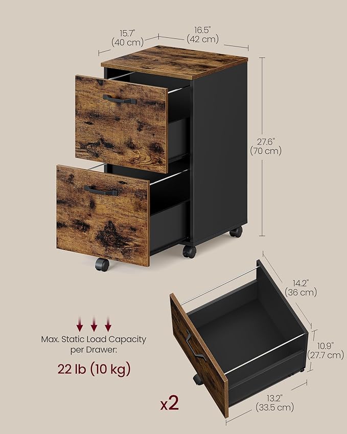VASAGLE 2-Drawer File Cabinet, Small Rolling Filing Cabinet for Home Office, Printer Stand, for A4, Letter-Size Documents, 15.7 x 16.5 x 27.6 Inches, Rustic Brown and Ink Black UOFC040B01-DeskLoop Office