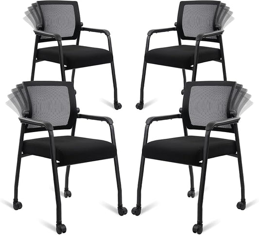 Waiting Room Chairs with Wheels, Adjustable Mesh Backrest, Desk Chair with Ergonomic Lumbar Support and Thickened Seats Cushion, 4 Pack Black-DeskLoop Office