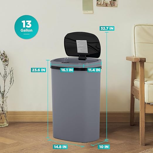 PayLessHere 13 Gallon Trash Can Kitchen Trash Can Automatic Garbage Can with Lid Touch Free High-Capacity Motion Sensor for Kitchen Bedroom Bathroom Office Wateproof Trash Bin (1, Gray)-DeskLoop Office
