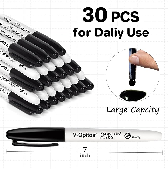 V-Opitos 30 Pack Black Permanent Markers, Bulk Fine Point Waterproof Markers Pens, Durable, Quick-Drying Marker, Ideal Stationery Supplies for Schools, Homes and Offices-DeskLoop Office
