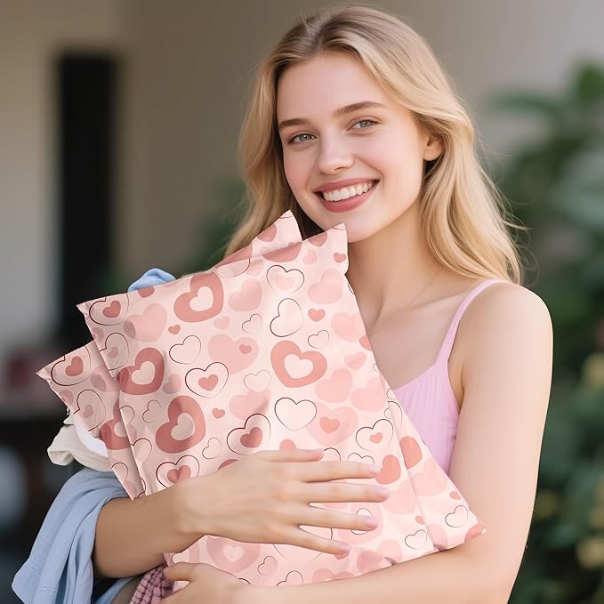 Pink Heart Poly Mailer 12x15.5 Inch 50 Pcs, Waterproof Shipping Bags for Clothing, Tear-Resistant Mailier Bags, Strong Mailing Bags with Self-Seal-DeskLoop Office