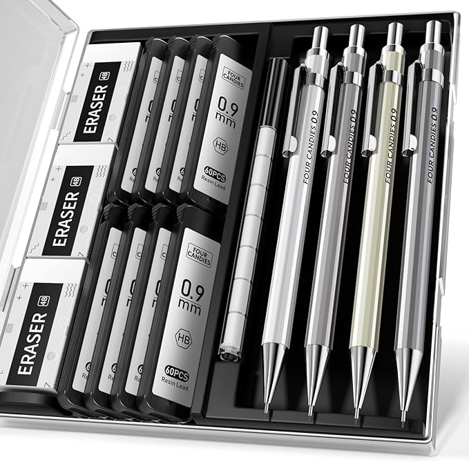 Four Candies 0.9mm Metal Mechanical Pencil Set with Case - 4PCS Fancy Mechanical Pencils, 8 Tubes HB #2 Lead Refills, 3PCS 4B Erasers and 9PCS Eraser Refills, Led Pencils Mechanical for Writing-DeskLoop Office