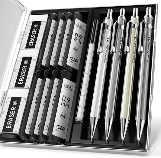 Four Candies 0.9mm Metal Mechanical Pencil Set with Case - 4PCS Fancy Mechanical Pencils, 8 Tubes HB #2 Lead Refills, 3PCS 4B Erasers and 9PCS Eraser Refills, Led Pencils Mechanical for Writing-DeskLoop Office