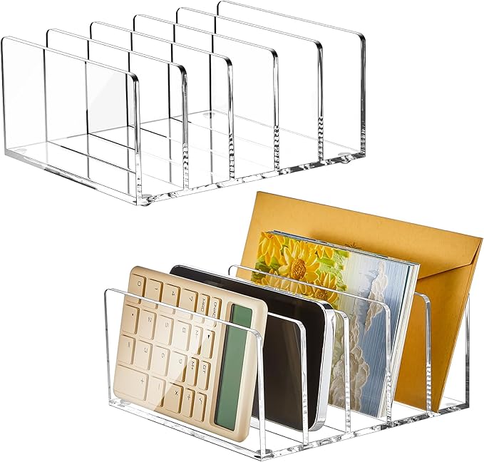 Geyoga 2 Pcs Acrylic File Holder Clear Mail Folder Organizer 5 Sections Multifunction Desktop Storage Letter Sorter Envelope Vertical Dividers for Office, Home, Desk Organization-DeskLoop Office