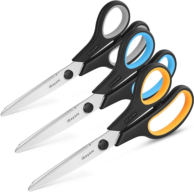 Scissors All Purpose, iBayam 8" Heavy Duty Scissors Bulk 3-Pack, 2.5mm Thickness Ultra Sharp Blade Shears with Comfort-Grip Handles for Office Home School Sewing Fabric Craft Supplies, Right/Left Hand-DeskLoop Office