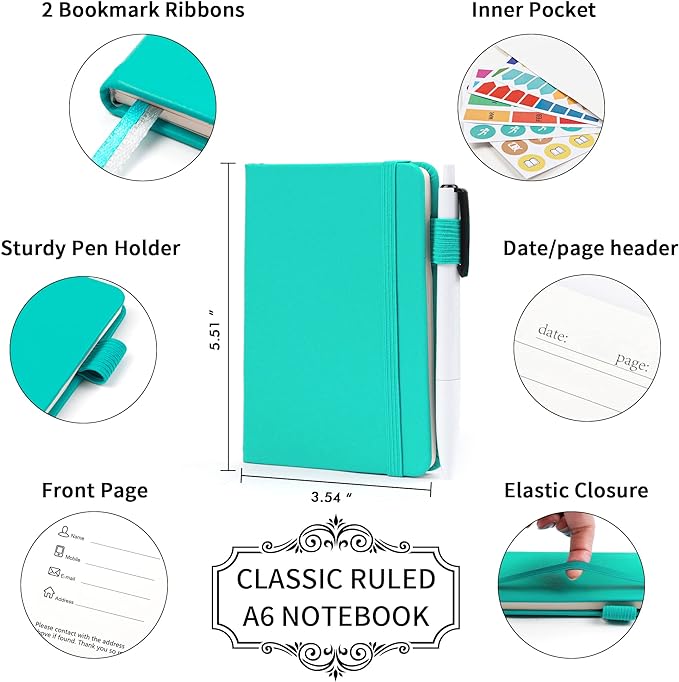 feela 6 Pack Pocket Small Notebooks Bulk, Mini Cute Memo Notepads Hardcover College Ruled Lined Journals with Pen Holder for Women Girls Office School, with 6 Black Pens, 3.5”x 5.5”, A6, Aqua-DeskLoop Office