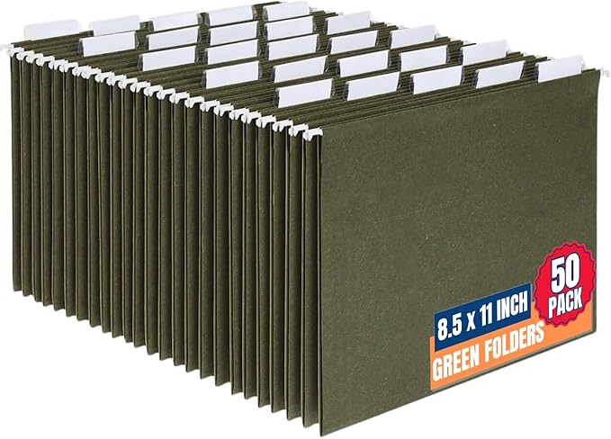 1InTheOffice Green Hanging File Folders Letter Size, Hanging Organizer File Folders, File Cabinet Folders, 1/5 Tabs, 11 pt, 50 Pack-DeskLoop Office