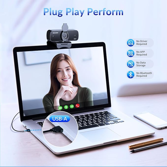 4K Webcam for PC with Sony Sensor, Auto Focus & Privacy Cover, Ultra HD 4K Streaming Camera, 2 Noise-Cancelling Mics, USB Plug & Play, 77° FOV, Web Camera for Zoom, Skype, Teams, Video Calling-DeskLoop Office