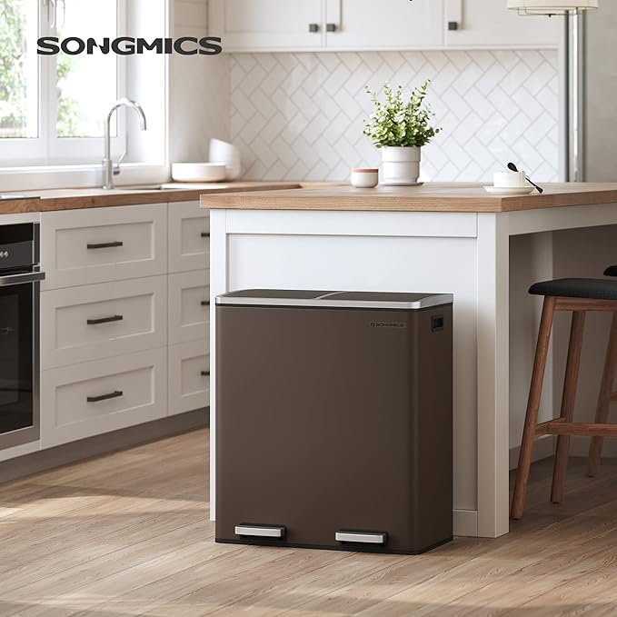 SONGMICS Trash Can, 2 x 8 Gallon (2 x 30 L) Garbage Can for Kitchen, with 15 Trash Bags, 2 Compartments, Plastic Inner Buckets and Hinged Lids, Airtight, Brown ULTB60BR-DeskLoop Office