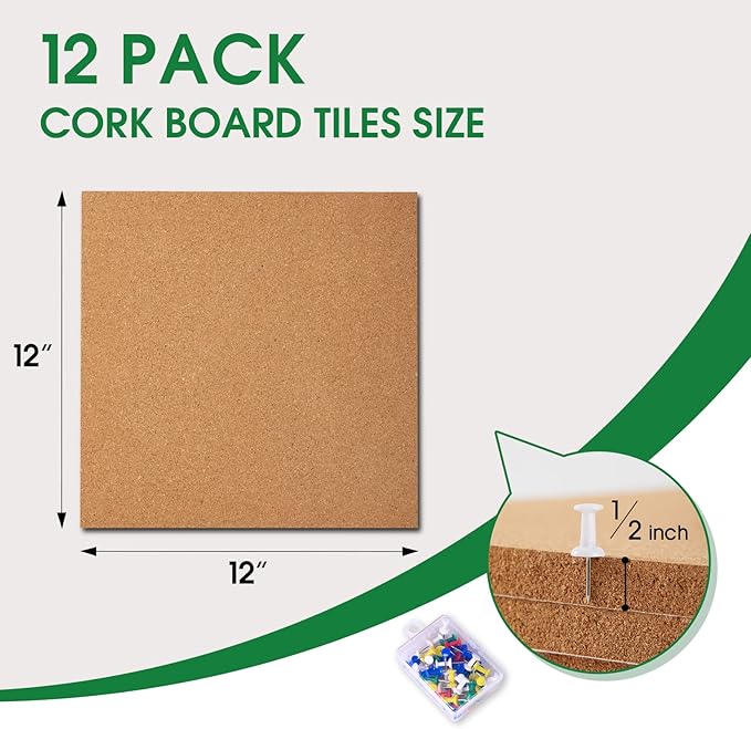 12 Pack Cork Bulletin Board 12 x 12 Inch - 1/2" Thick Cork Board Tiles,Self-Adhesive Frameless Cork Tiles Wall Decor with 100 PCS Pushpins for DIY, Office, School and Home Decor-DeskLoop Office