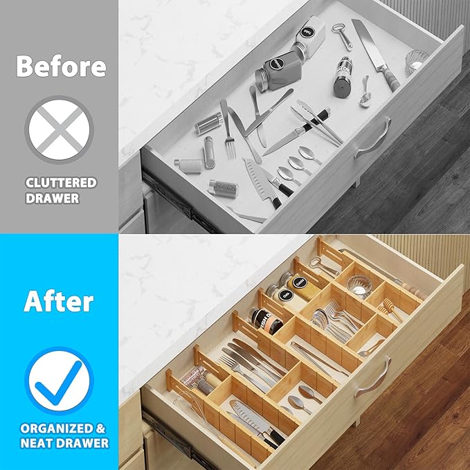 6 Pack Bamboo Drawer Dividers with 12 Inserts, Expandable Adjustable Clothes Drawer Organizers and Storage from 17" to 22" for Kitchen, Bedroom, Dresser, Cosmetics (Natural)-DeskLoop Office