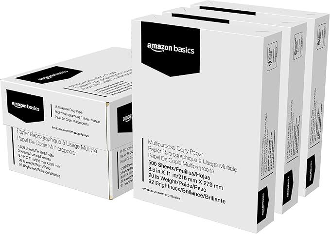 Amazon Basics Multipurpose Copy Printer Paper, 20 lb, 8.5 x 11 Inches, 3 Reams (1,500 Sheets), 92 Bright, White-DeskLoop Office