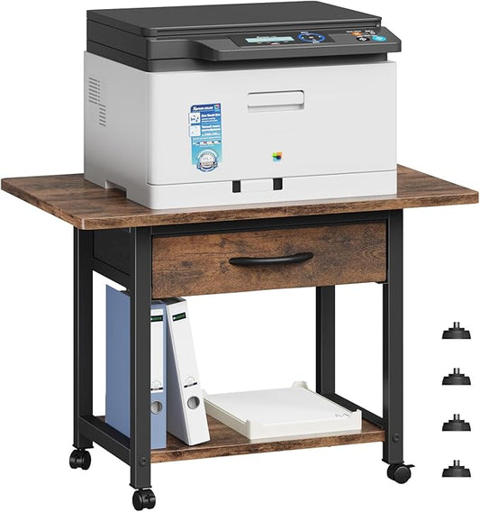 22"x15" Large Printer Stand with Storage Drawer, 2-Tier Under Desk Printer Table for Home Office, Printer Cart fit Fax Machine/3D Printer/Scanner(Brown)-DeskLoop Office