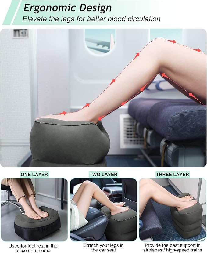 JefDiee Inflatable Travel Foot Rest Pillow, Kids Airplane Bed, Adjustable 3 Layers Height Leg Rest Pillow, Adults Travel Essentials Great for Airplane, Office, Home, Trains, Cars (2 Pack-Dark Grey)-DeskLoop Office