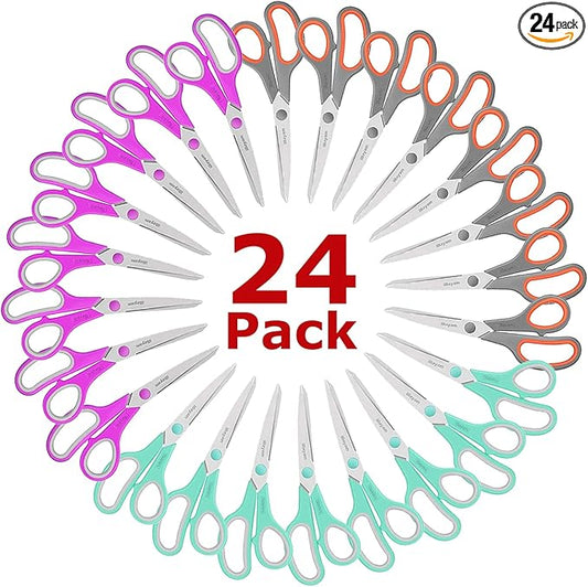 iBayam 8 '' Multipurpose Heavy Duty Scissors Bulk 24-Pack, 2.5mm Thickness Ultra Sharp Blade Shears with Comfort-Grip Handles for Household School Office Supplies, Right/Left Hand Tools-DeskLoop Office