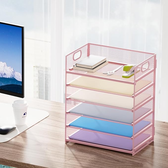 Marbrasse 2 Pack Desk Organizer with Handle, 6 Tier Paper Letter Tray, Mesh Desk File Organizer for Office, School and Home - Pink-DeskLoop Office