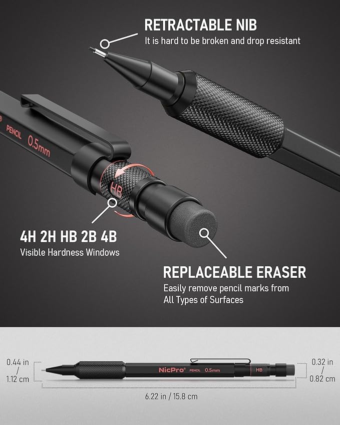Nicpro 0.5 mm Mechanical Pencil Set with Case, 3PCS MP2000 Metal Artist Mechanical Pencil With 6 Tube HB Lead Refills, Eraser, Weatherproof Barrel for Outdoor Writing Drafting Drawing Sketching