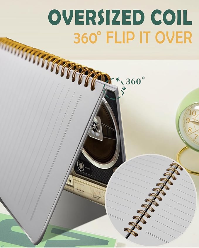 Ruled Spiral Writing Notebook,A5 Hardcover Lined College Journal for Women Lady,Fashion Puppy Watercolor Strong Twin-Wire Binding with Premium Paper,8.4" X 6",Perfect for School,Office,Home Gifts(Tape Recorder Vintage)-DeskLoop Office