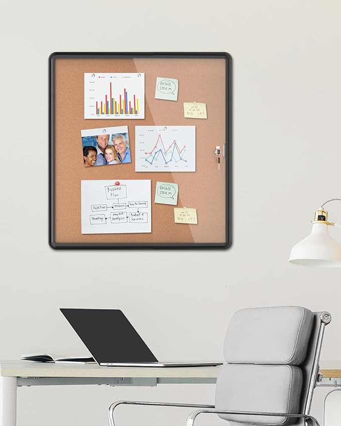 28"x26" Enclosed Bulletin Board, Lockable Weather-Resistant Aluminum Cork Noticeboard for School & Office, Black Frame w/Cork-DeskLoop Office