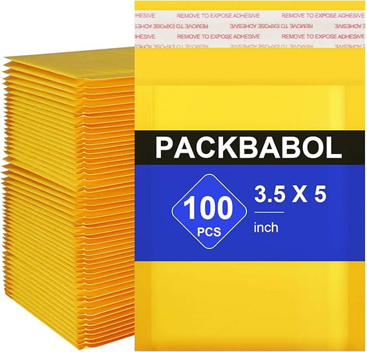 packbabol Kraft bubble mailers 3.5x5 Inch 100 Pack,Self-Sealing Paper Envelopes for Packaging,Strong Adhesion Envelope Mailers, Small Waterproof Cushioned Padded Shipping Bags Yellow #0000-DeskLoop Office