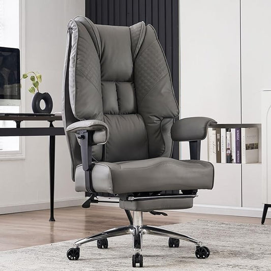 Big and Tall Office Chair 400lbs Wide Seat, Leather High Back Executive Office Chair with Foot Rest, Ergonomic Chairs Lumbar Support for Lower Back Pain Relief (Grey)-DeskLoop Office