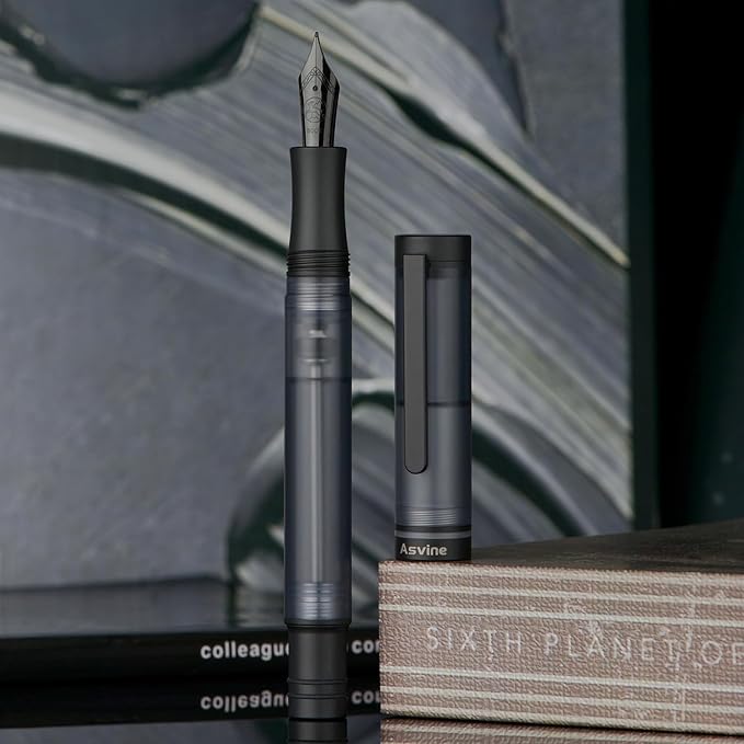 Asvine V200 Titanium Fountain Pen Vacuum Filling, Matte Black Bock Medium Nib Transparent Acrylic Smooth Writing Pen Case Set-DeskLoop Office