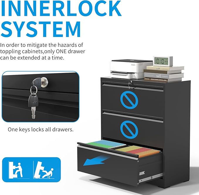 3 Drawer Lateral File Cabinet with Lock, Metal Lateral Filing Cabinet for Home Office, Steel Wide Horizontal Filing Cabinets for Letter/Legal/A4/F4 Hanging Files (Black)-DeskLoop Office