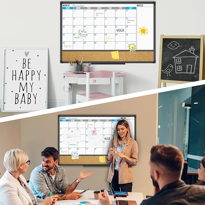 XBoard Dry Erase Calendar Whiteboard 36 X 24 - Combo White Board Calendar Monthly, Magnetic White Board + Corkboard with Black Aluminum Frame, 10 Colorful Push Pins & Marker Tray Included-DeskLoop Office