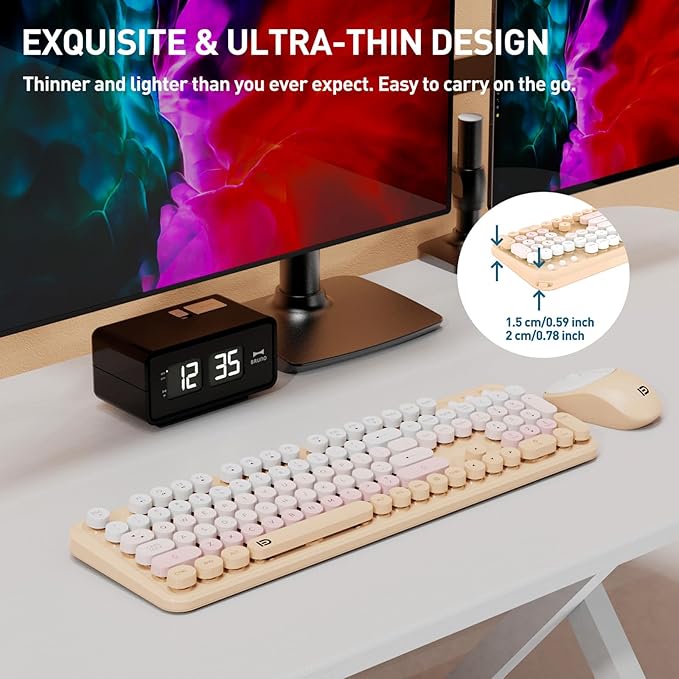 Wireless Keyboard and Mouse Combo, 105 Round Keys Full-Size Cute Colorful Pink Cordless Keyboard and Mouse with Retro Typewriter for PC/Mac/Laptop/Tablet/Computer/Windows Pink-DeskLoop Office
