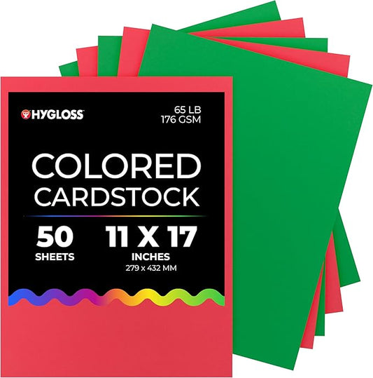 Hygloss 50 Sheets Holiday Christmas Colored Cardstock - 11x17-Inch Red and Green Letter Size Color Cardstock Paper - 65 lb/ 176 gsm, Acid-Free, Fade-Resistant-DeskLoop Office