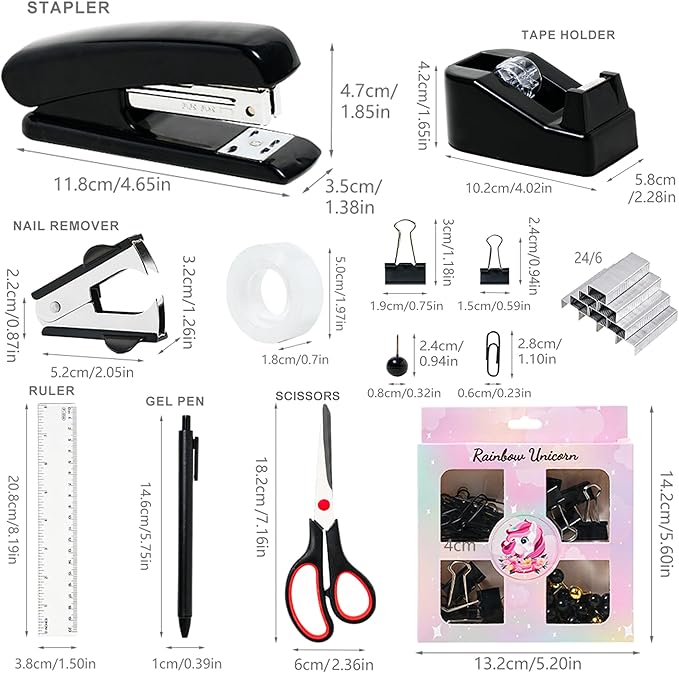 Black Desk Accessories with Pen Holder, Office Supplies Desk Organizers and Accessories, Tape Dispenser, Stapler, Staple Remover, Staples, Clips Set, Ruler, Scissor, Pen, Tape (Black)-DeskLoop Office