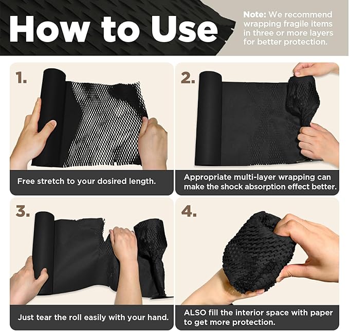 Honeycomb Packing Paper, 12"x400' Black | Perforated Honeycomb Packing Paper Recyclable Moving Supplies for Shipping & Moving | Plastic-Free Alternative to Bubble Cushion Wrap with 36 Fragile Stickers-DeskLoop Office