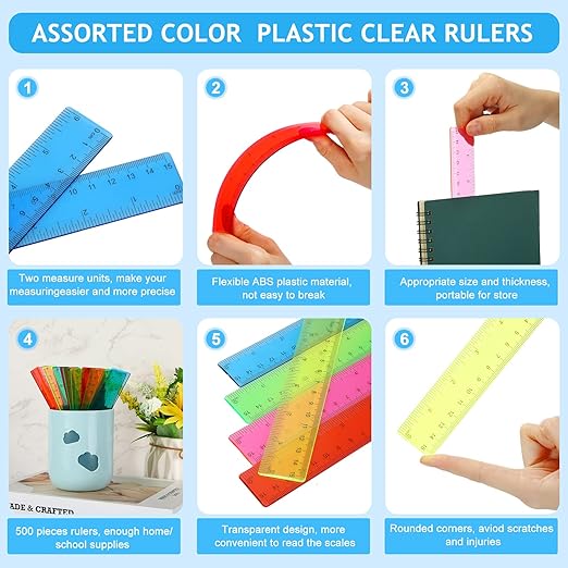 Zonon 100 Pcs 6 Inch Rulers Bulk Plastic Flexible Small Straight Rulers with Inches and Centimeters First Day of School Gift for Students Back to School Office Supplies(Colorful, Transparent)-DeskLoop Office