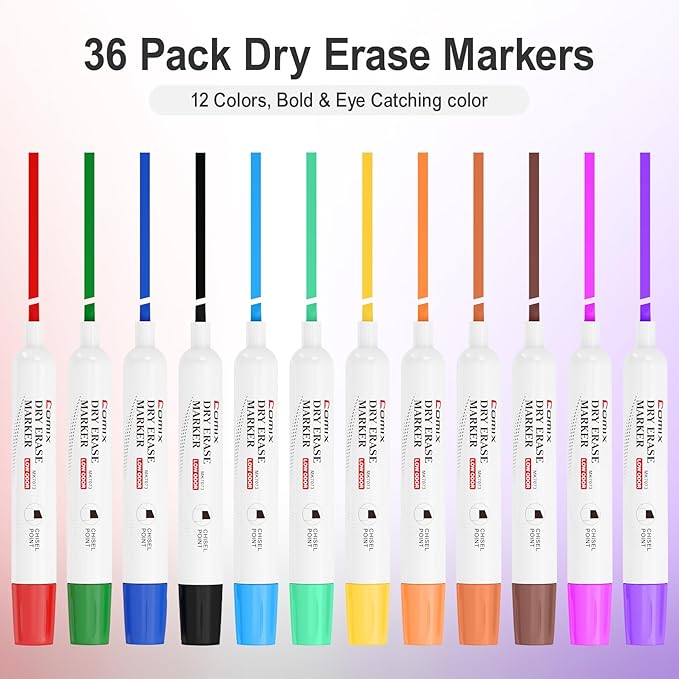 Comix Dry Erase Markers, Chisel Tip White Board Markers, 36 Bulk 12 Assorted Colors Low Odor Markers for Teachers Office & School Supplies-DeskLoop Office