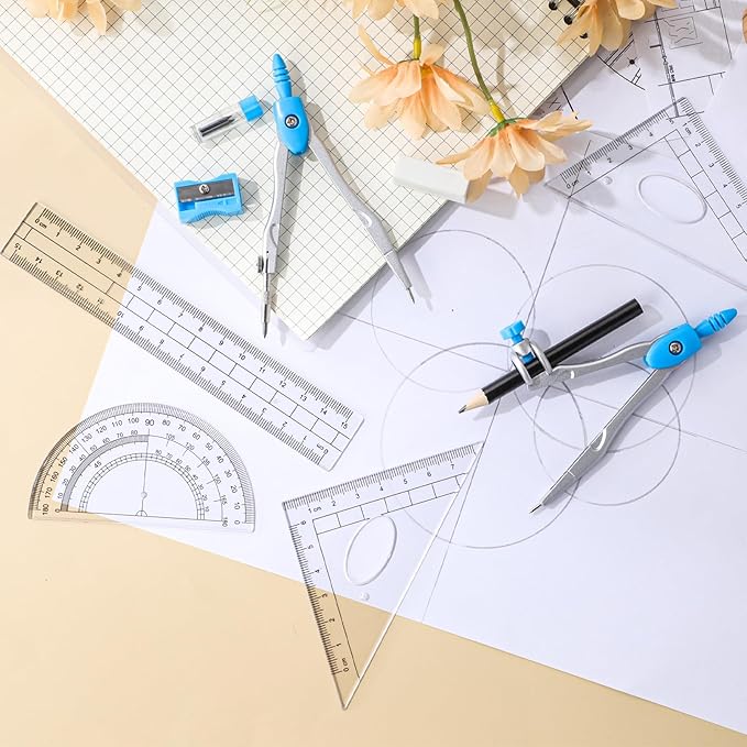 Zonon Math Geometry Set 10 Pcs Student Supplies with Shatterproof Storage Box, Includes Rulers Protractor Compass Pencil Sharpener Lead Refills Eraser Pencil for Drafting and Drawings(Blue)-DeskLoop Office