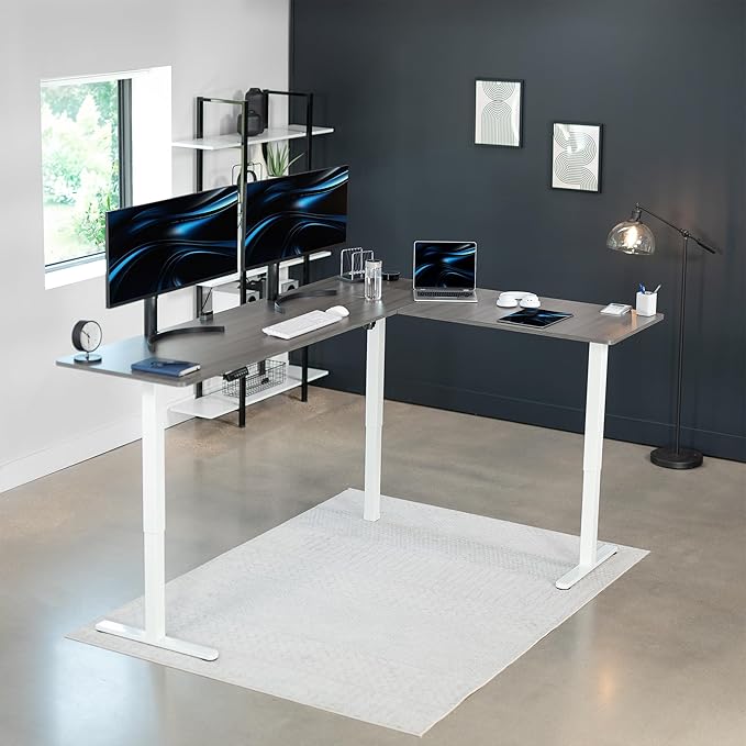 VIVO Electric Corner L-Shaped 84 x 63 in Standing Desk, Memory Height Adjustment, Dark Gray Top White Frame, DESK-E3CTWG-84-DeskLoop Office