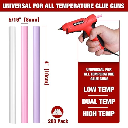 Arrow Mini Hot Glue Sticks, 200 Pack Multi Colored Glue Gun Sticks, Hot Melt High Viscosity All-Purpose Gun Stick in 15 Colors for DIY Art Craft-DeskLoop Office