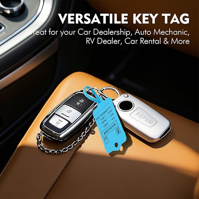 100 Car Key Tags with Labels Plastic Car Dealership Key Tags Self Locking Automotive Identifiers Blank Shop Labels with One Pen (Blue)-DeskLoop Office