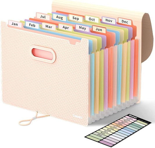 Sooez Upgraded Accordion File Organizer, Expanding File Folder with Deeper 12 Pockets - Never Cover Up Index Tabs, Monthly Bill Paper Receipt Document Organizer, Letter A4 Size for Home Office School-DeskLoop Office