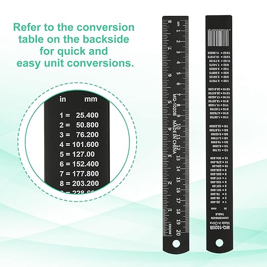 PATIKIL 20cm/8" Metal Ruler, 2 Pack Aluminum Alloy Rulers with Centimeters, Millimeters, Inches and Conversion Table Straight Edge Ruler for Writing Machinist Drafting, Black-DeskLoop Office