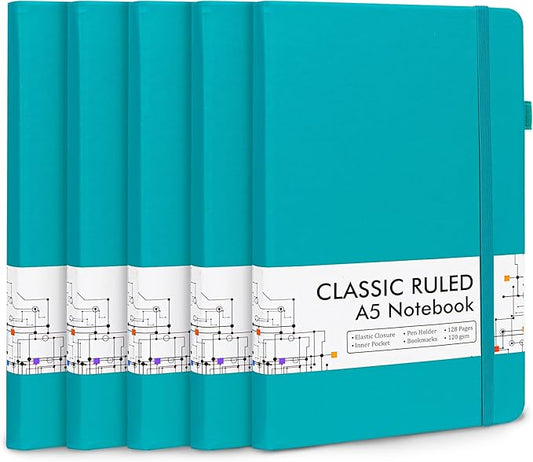 feela 5 Pack Journal Notebook Bulk for School, Hardcover Business Notebooks Classic Ruled Lined Journals with Pen Holder for Work Note Taking, with 5 Black Pens, 120 GSM, 5.1”x8.3”, A5, Emerald-DeskLoop Office