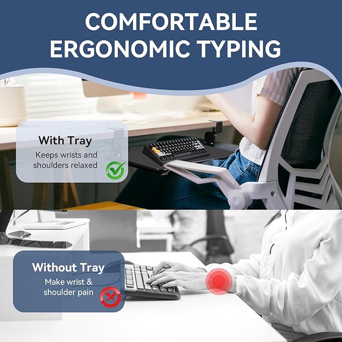 VUSIGN Keyboard Tray Under Desk Height Adjustable,Pull Out with Adjustable C Clamp Mount System for L-Shaped Tables, Extra Sturdy, 26.4” x 11.8” Slide-Out Platform Computer Drawer for Typing, Black-DeskLoop Office