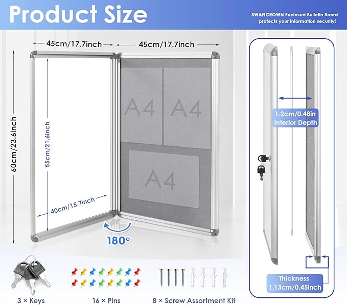 SWANCROWN Enclosed Bulletin Board 24x18 in, Tamperproof Lockable Grey Felt Board Wall Display Case for Office School Home, Aluminum Frame-DeskLoop Office