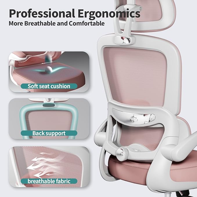 TRALT Office Chair Ergonomic Desk Chair, 330 LBS Home Mesh Office Desk Chairs with Wheels, Comfortable Gaming Chair, High Back Office Chair for Long Hours (Pink)-DeskLoop Office