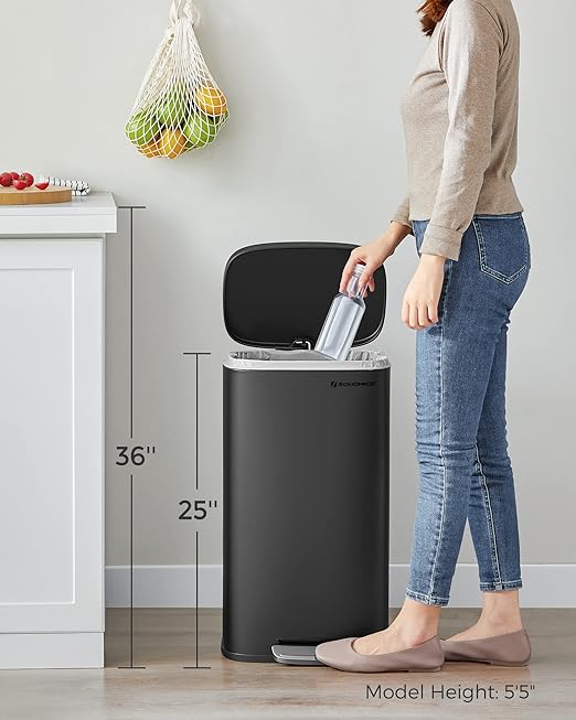 SONGMICS Trash Can with Lid, 8 Gallon Garbage Can, Stainless Steel Small Waste Bin with Step Pedal and Inner Bucket, Soft Close, Kitchen, Black ULTB102B01-DeskLoop Office