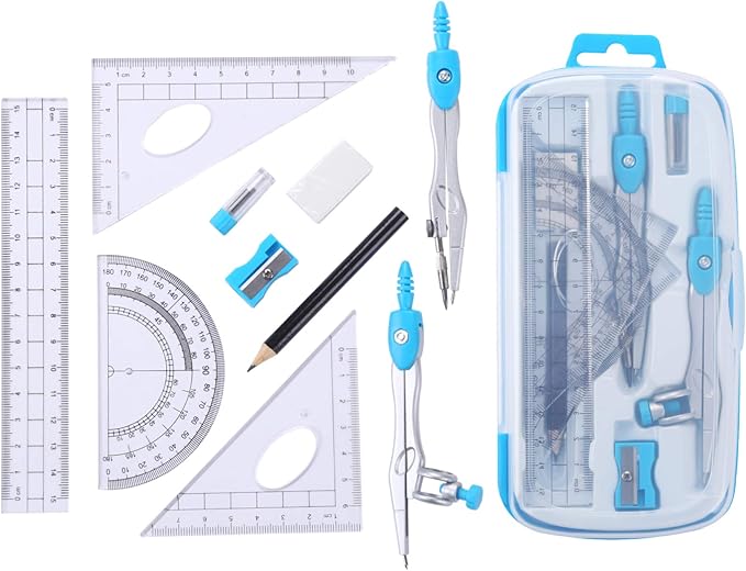 Math Geometry Kit Sets 10 Piece Student Supplies with Shatterproof Storage Box,Includes Rulers,Protractor,Compass,Eraser,Pencil Sharpener,Lead Refills,Pencil,for Drafting and Drawings(Blue)