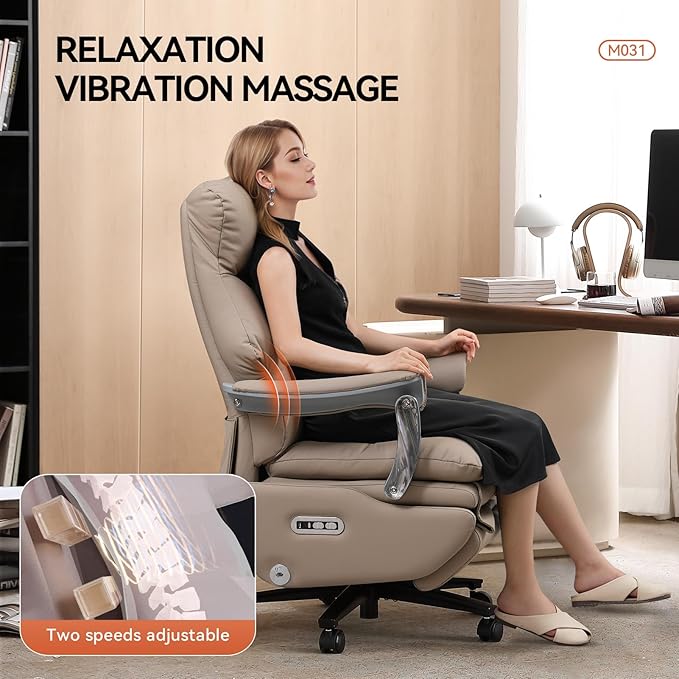 Dual Motor Electric Genuine Leather Executive Office Chair with Foot Rest, Comfortable Reclining Office Chair with Massage, Big and Tall High Back Comfy Ergonomic Home Office Desk Chairs 400lbs, Khaki-DeskLoop Office