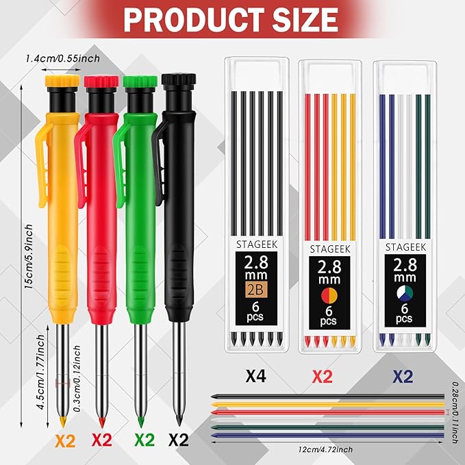 8 pack 2.8mm Mechanical Carpenter Pencils with 48 Refills, Construction Pencils with Built-in Sharpener, Long Nib Deep Hole Marker, Heavy Duty Woodworking Tools(Black+yellow+red+green)-DeskLoop Office